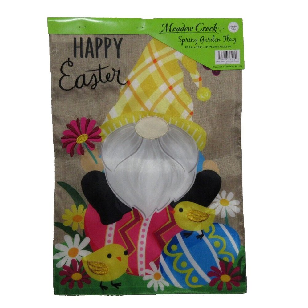 Meadow Creek Easter Spring Garden Flag Gnome Double Sided 12.5" x 18" Appliqued